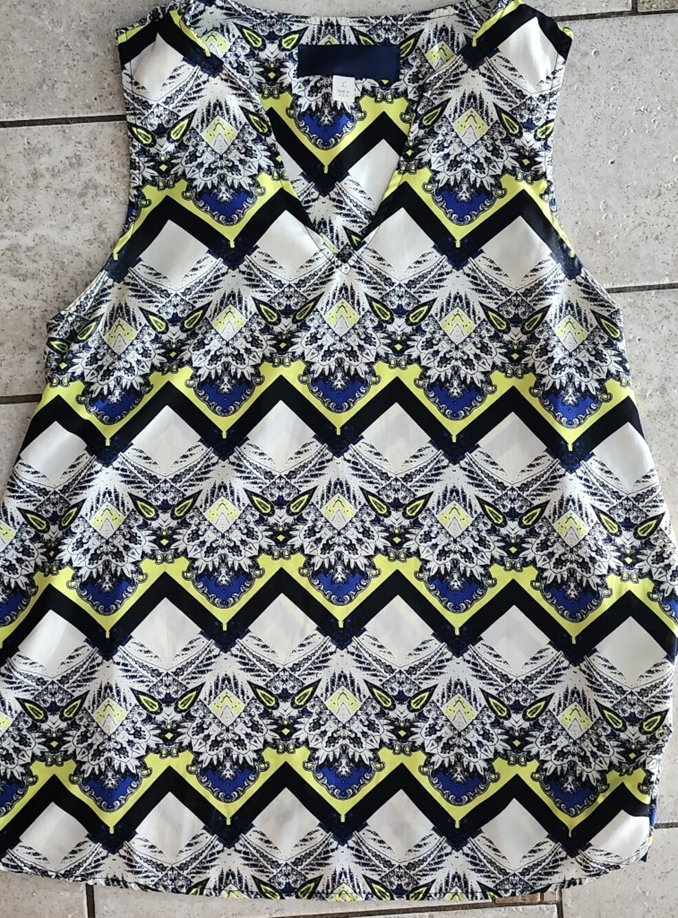 Boutique Sleeveless V-Neck Print Tank Top - Neon Yellow, Navy & White USA Made